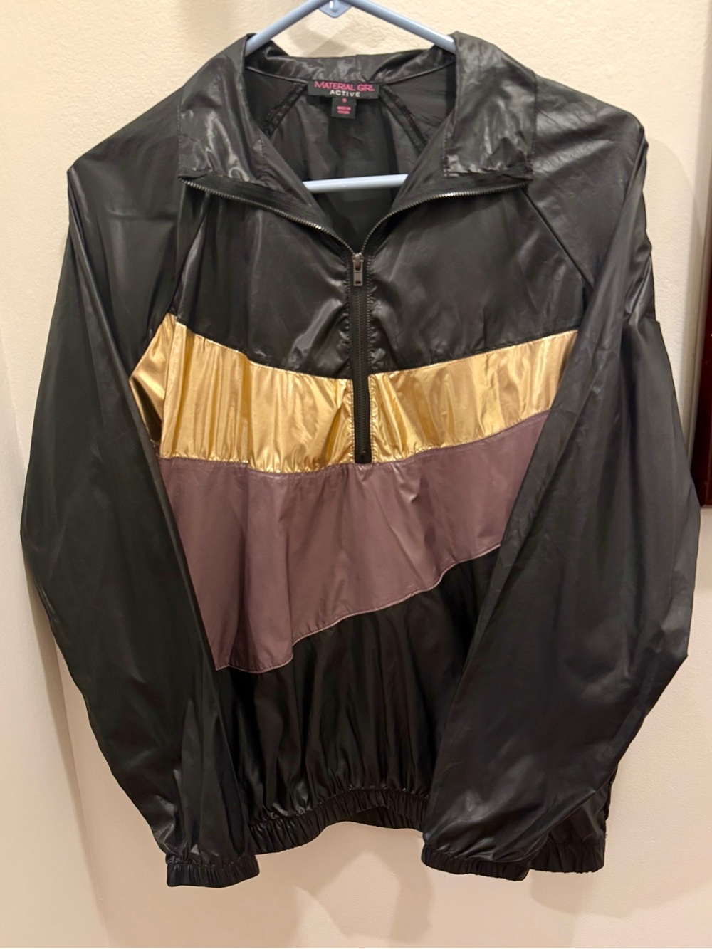 Material Girl Active Colorblock Windbreaker Jacket Small Black Gold Mauve Retro